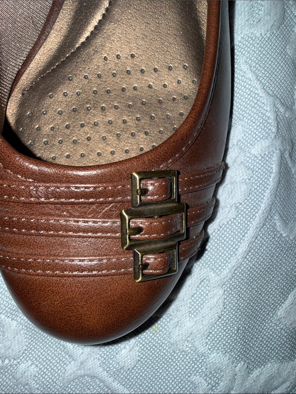 80s Vintage Life Stride Brown Leather Slip-On Ballet Flats with Buckle Detail - Picture 5 of 9